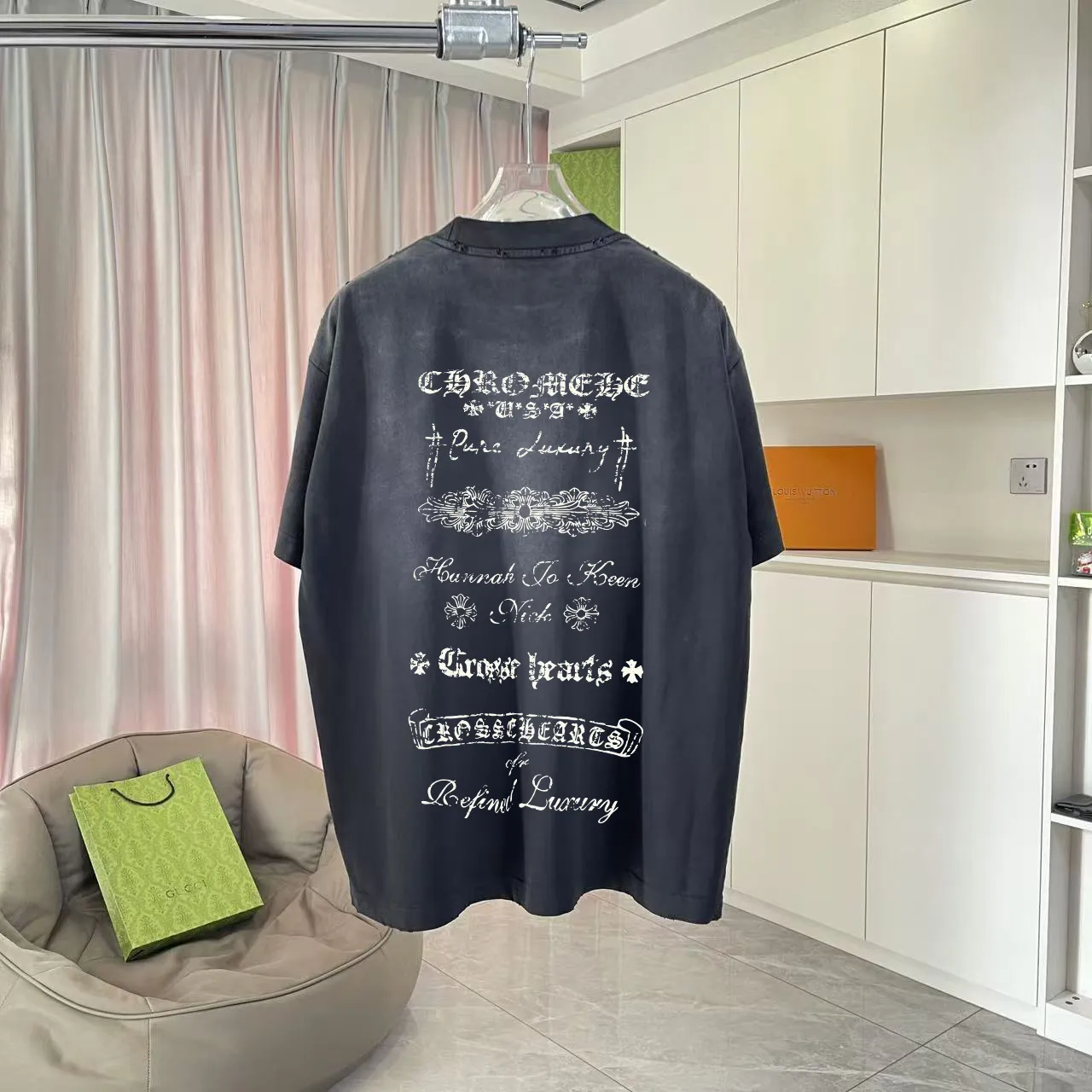 🅿️190 ch Crow* 2025 summer new style, washed, distressed, spray-painted, Sanskrit cross print, short-sleeved T-shirt, customized fabric 320g, same style for men and women, size: S M L XL XXL five sizes, color: black, gray, gradient black, gradient red